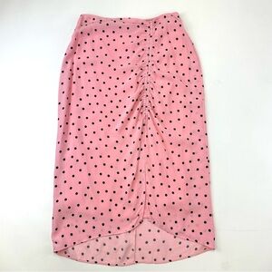 Stradivarius pink polkadot skirt Size 10 midi front slit ruched lined Retro